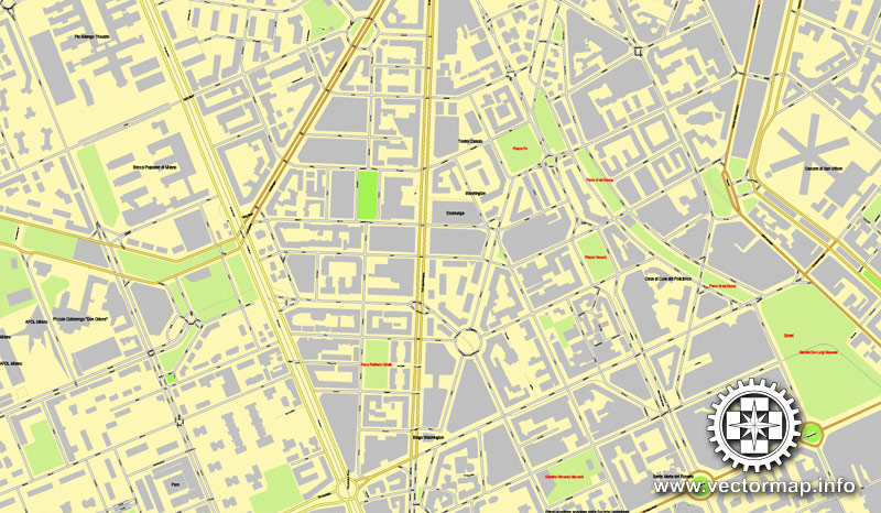 Milan / Milano, Italy, printable vector street map, 4 parts City Plan, full editable, Adobe Illustrator, Royalty free, full vector, scalable, editable, text format street names,