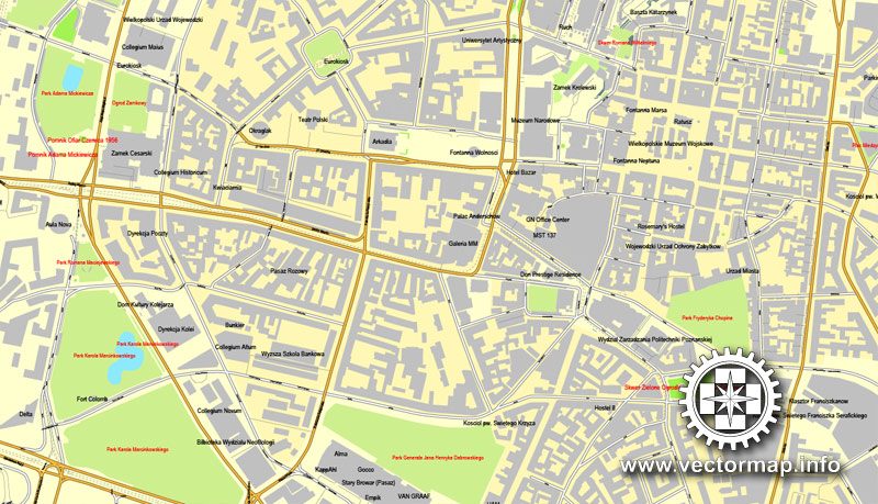 Poznan, Poland, printable vector street map, City Plan, full editable, Adobe Illustrator, Royalty free, full vector, scalable, editable, text format street names