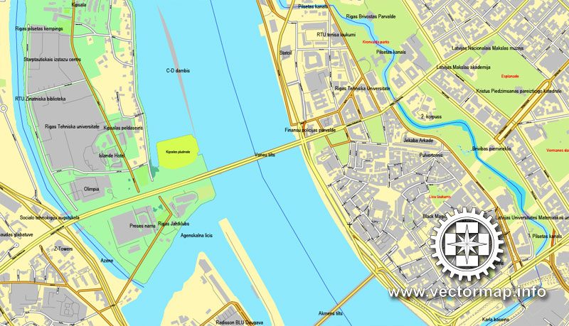 Riga, Latvia, printable vector street map, City Plan, full editable, Adobe Illustrator, Royalty free, full vector, scalable, editable, text format street names