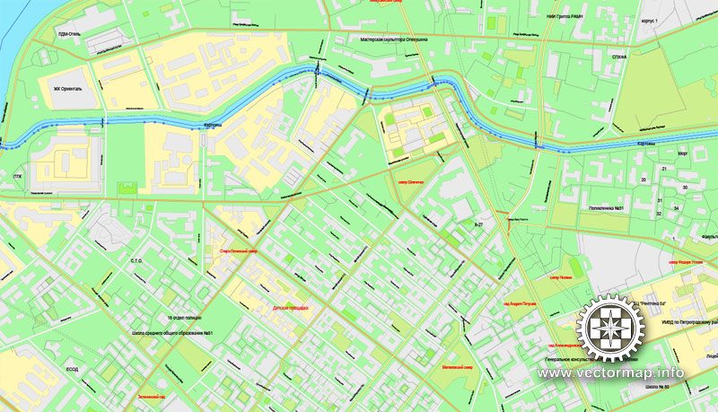 Saint Petersburg, Russia, printable vector street City Plan map in 4 parts, full editable, Adobe illustrator, full vector, scalable, editable, text format street names