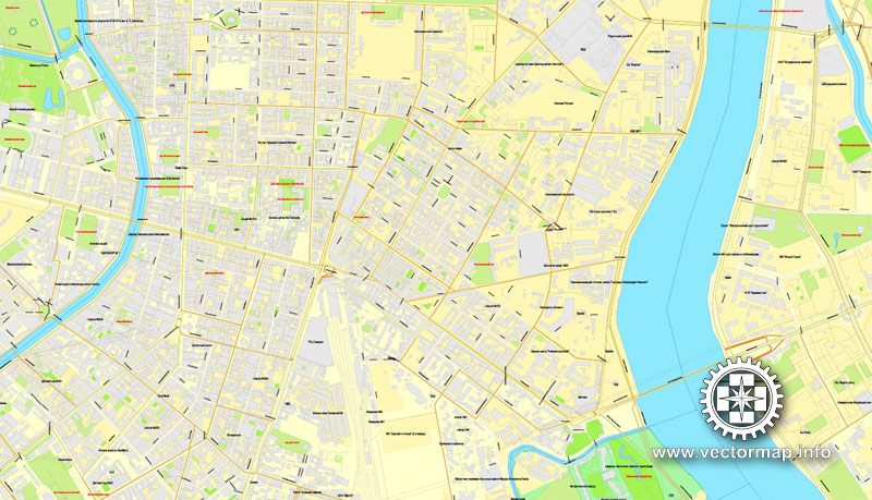 Saint Petersburg, Russia, printable vector street City Plan map in 4 parts, full editable, Adobe illustrator, full vector, scalable, editable, text format street names