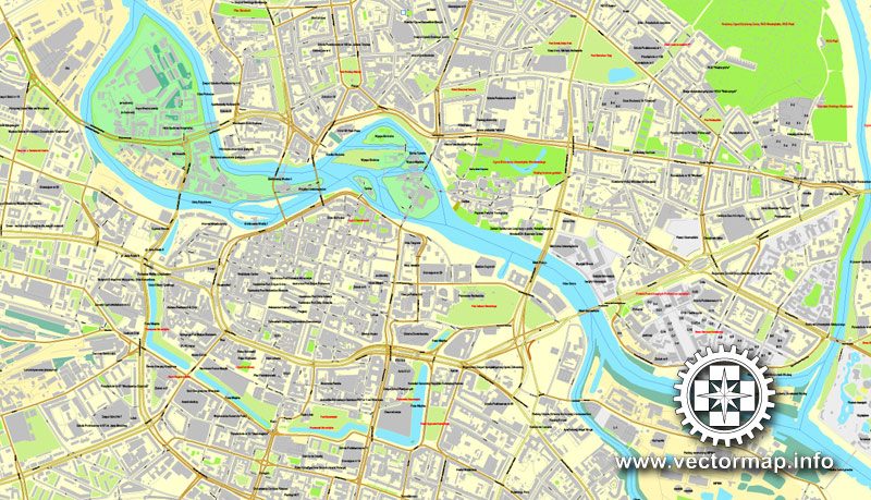 Wroclaw, Poland, printable vector street map, City Plan, full editable, Adobe Illustrator, Royalty free, full vector, scalable, editable, text format street names,