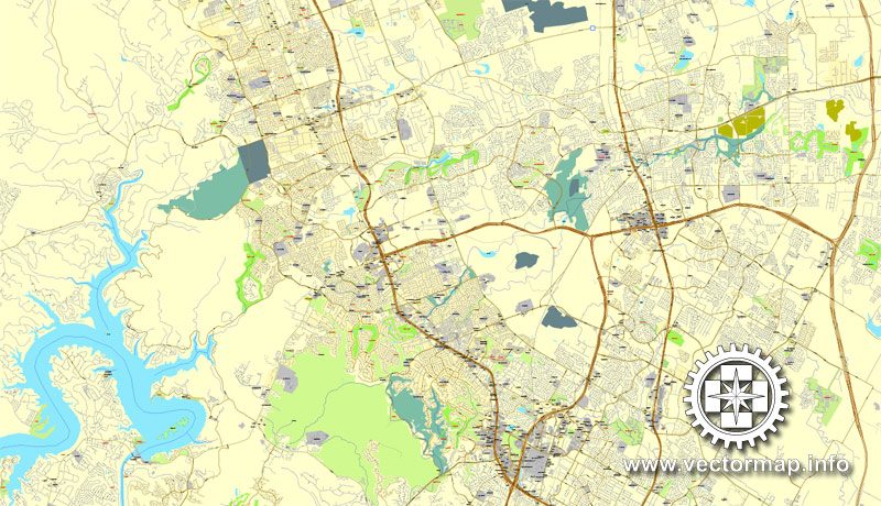 Vector map Austin, Texas, US, vector map V.2 Adobe Illustrator City Plan, full vector, scalable, editable, text format street names