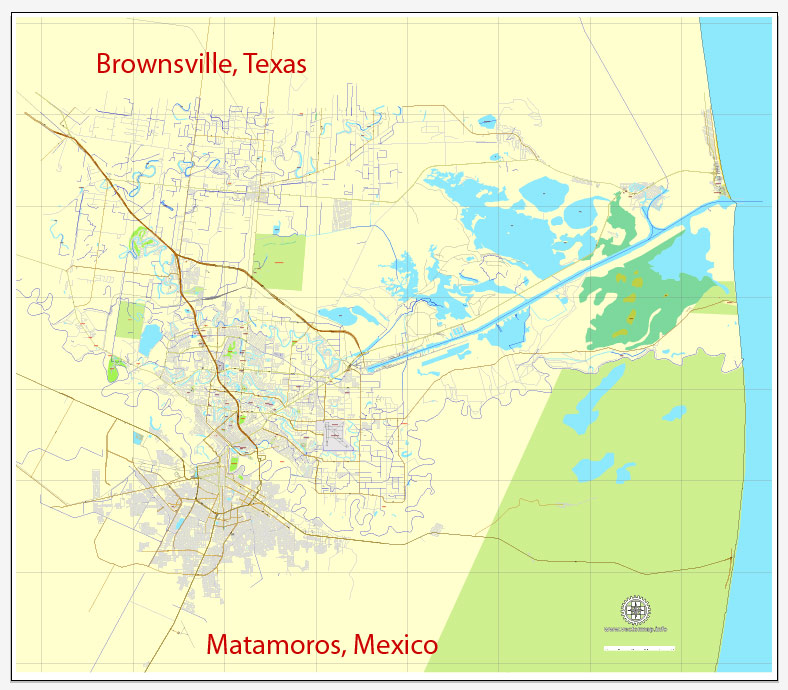 Brownsville, Texas, US,  + Matamoros, Mexico, printable vector street City Plan map, full editable, Adobe PDF