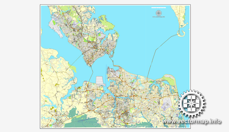 Hampton Roads Norfolk Newport News Virginia Us Vector Map V 2 Adobe Pdf Editable