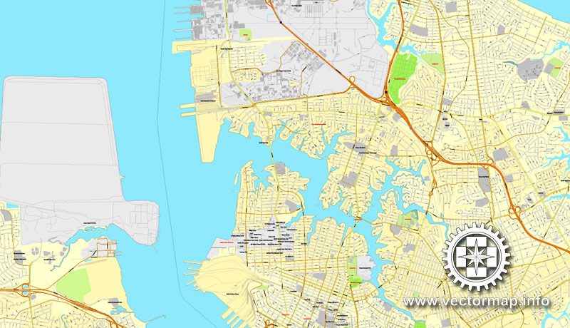 Vector map Hampton Roads, Virginia, US, vector map V.2 Adobe Illustrator, full vector, scalable, editable, text format street names