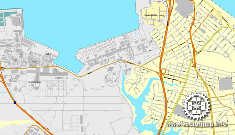 Vector map Hampton Roads, Virginia, US, vector map V.2 Adobe Illustrator, full vector, scalable, editable, text format street names