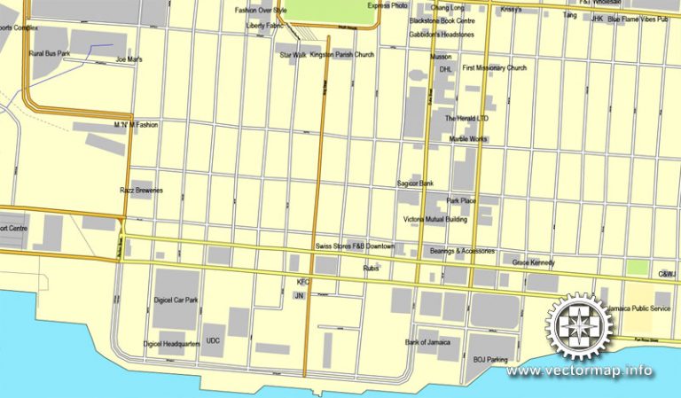 Kingston, Jamaica in Adobe PDF, printable vector street City Plan map ...