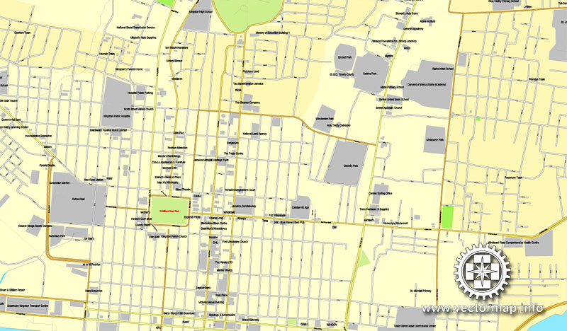 Kingston, Jamaica in Adobe PDF, printable vector street City Plan map, fully editable