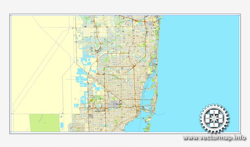 Vector map Miami, Florida, US printable vector street City Plan map 4 parts, full editable, Adobe Illustrator, full vector, scalable, editable, text format street names