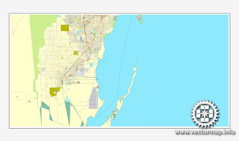 Vector map Miami, Florida, US printable vector street City Plan map 4 parts, full editable, Adobe Illustrator, full vector, scalable, editable, text format street names