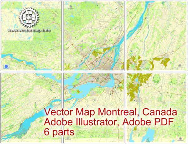 Vector map Montreal and surroundings, Canada, printable vector street City Plan map, full editable, Adobe Illustrator 6 parts map, full vector, scalable, editable text format street names