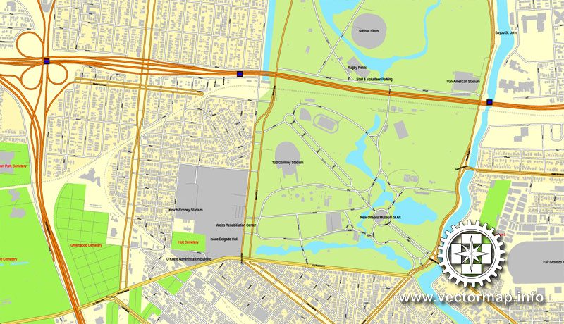 Vector map New Orleans, Louisiana, US, vector map V.2 Adobe Illustrator editable City Plan, full vector, scalable, editable, text format street names