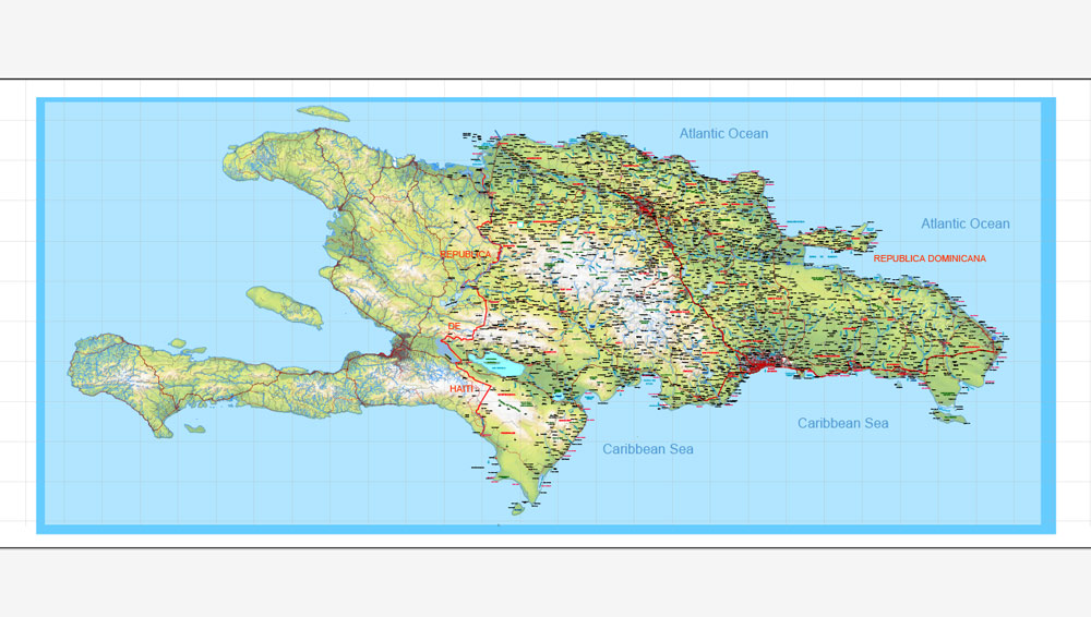 Dominican Republic Map y Haiti Map full printable level 10 relief vector Adobe Illustrator