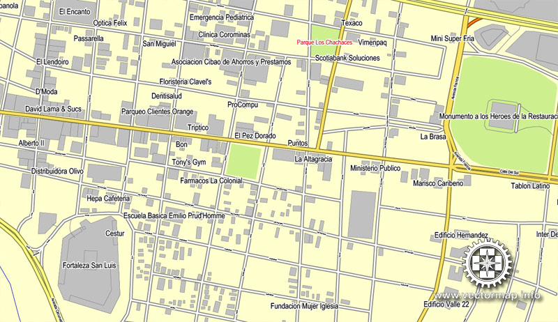 Santiago mapa: Imprimible calle de vectores mapa de Plan de la Ciudad Santiago, Rep. Dominicana, completos, Adobe Illustrator, vector completo, escalables y editables