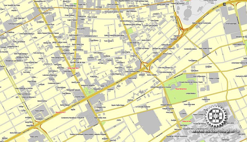 Imprimible calle de vectores mapa de Plan de la Ciudad Santo Domingo, Rep. Dominicana,, completos, Adobe Illustrator, vector completo, escalables y editables, nombres de calles de formato de texto editable