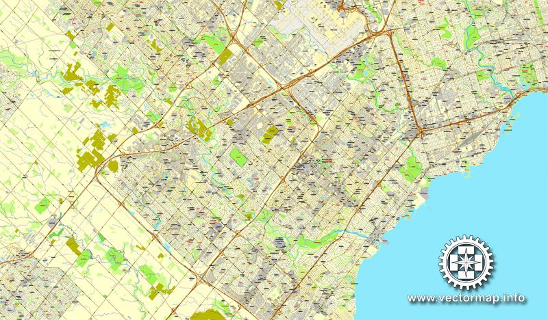 Vector map Toronto, Canada, printable vector street City Plan map 4 parts, full editable, Adobe Illustrator