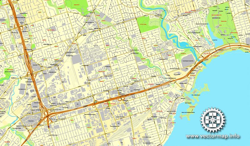 Vector map Toronto, Canada, printable vector street City Plan map 4 parts, full editable, Adobe Illustrator