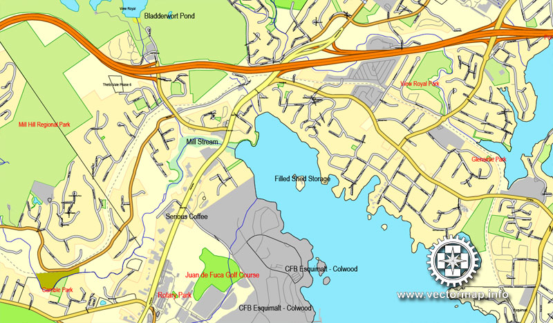 Vector Map Victoria V.2: Printable City Plan Map of Victoria, Canada, Adobe Illustrator, full vector, scalable, editable, separated text layer street names, 29,2 mb ZIP All streets, some more buildings. Map for design, printing, arts, projects, presentations.