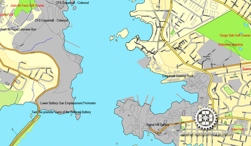 Vector Map Victoria V.2: Printable City Plan Map of Victoria, Canada, Adobe Illustrator, full vector, scalable, editable, separated text layer street names, 29,2 mb ZIP All streets, some more buildings. Map for design, printing, arts, projects, presentations.