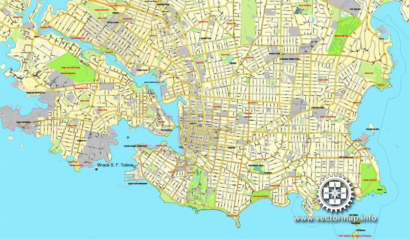 Vector Map Victoria V.2: Printable City Plan Map of Victoria, Canada, Adobe Illustrator, full vector, scalable, editable, separated text layer street names, 29,2 mb ZIP All streets, some more buildings. Map for design, printing, arts, projects, presentations.