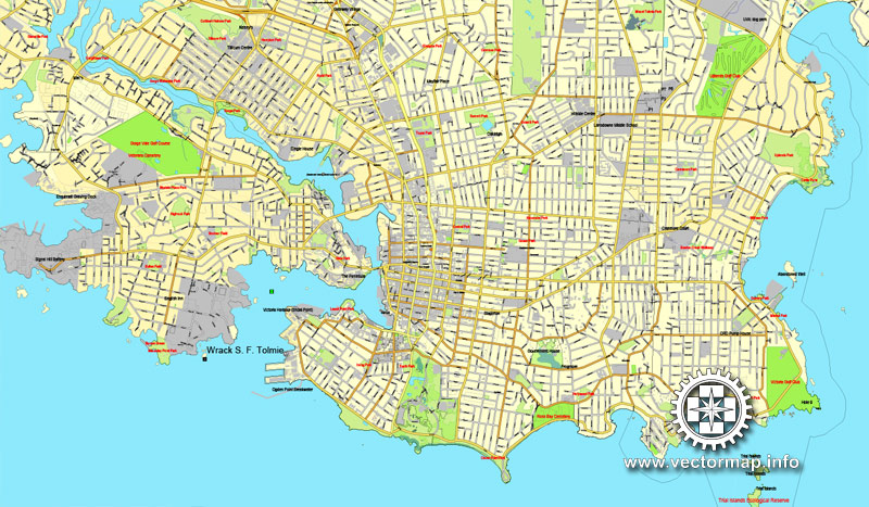 Vector Map Victoria V.2: Printable City Plan Map of Victoria, Canada, Adobe Illustrator, full vector, scalable, editable, separated text layer street names, 29,2 mb ZIP All streets, some more buildings. Map for design, printing, arts, projects, presentations.