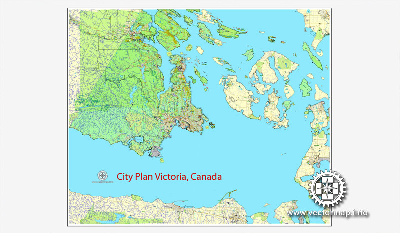 Vector Map Victoria V.2: Printable City Plan Map of Victoria, Canada, Adobe Illustrator, full vector, scalable, editable, separated text layer street names, 29,2 mb ZIP All streets, some more buildings. Map for design, printing, arts, projects, presentations.