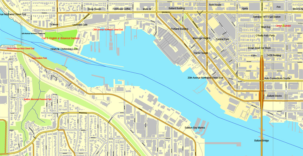Seattle Map Vector Washington US printable City Plan 3 parts V2 full editable Street Map Adobe Illustrator