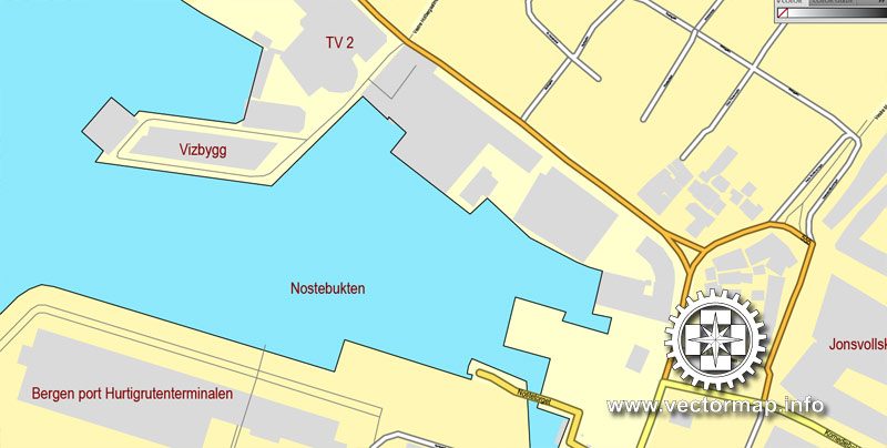 Vector map Bergen, Norway, printable vector street City Plan map, full editable, Adobe Illustrator, full vector, scalable, editable, text format street names, 2,7 mb ZIP
