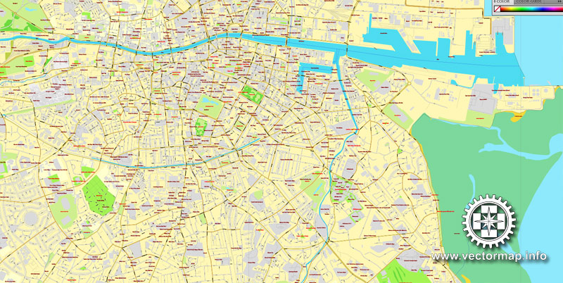 Vector Map Dublin, Ireland, printable vector City Plan map V.2, full editable, Adobe Illustrator, full vector, scalable, editable, text format street names, 17,6 mb ZIP