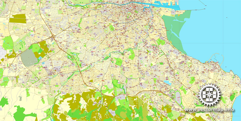 Vector Map Dublin, Ireland, printable vector City Plan map V.2, full editable, Adobe Illustrator, full vector, scalable, editable, text format street names, 17,6 mb ZIP