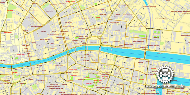 Dublin PDF Map Ireland printable vector City Plan V.2 full editable Adobe PDF Street Map, editable, text format  street names, 33  mb ZIP All streets, All buildings