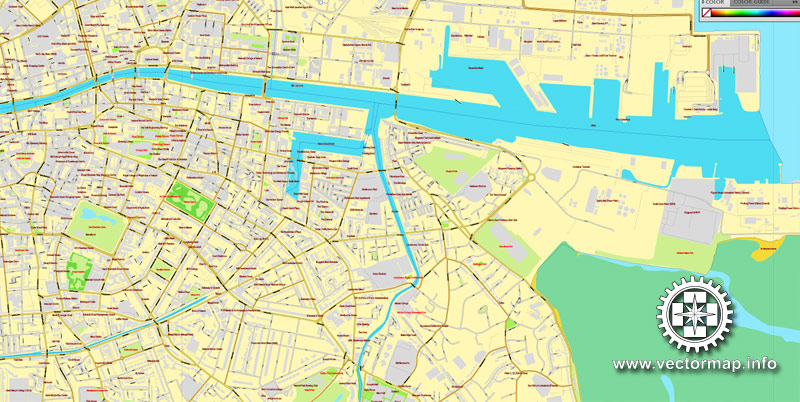 Dublin PDF Map Ireland printable vector City Plan V.2 full editable Adobe PDF Street Map, editable, text format  street names, 33  mb ZIP All streets, All buildings