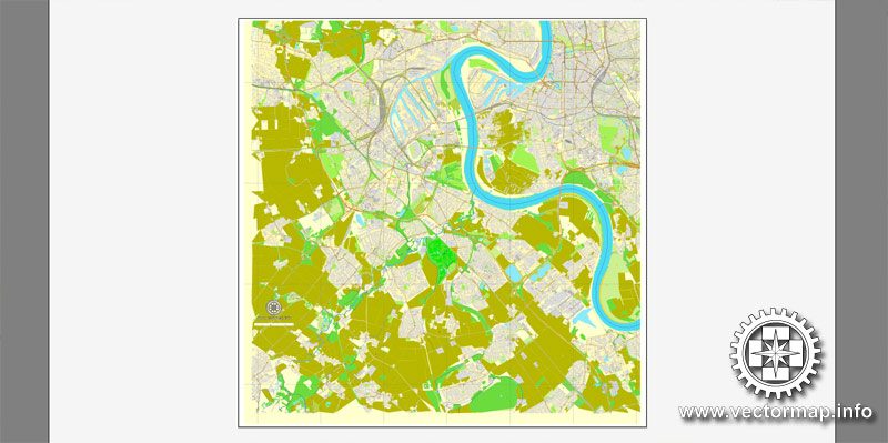 Vector Map Duesseldorf, Germany, printable vector street City Plan map in 4 parts, V.2, full editable, Adobe Illustrator, full vector, scalable, editable, text format street names, 36,7 mb ZIP