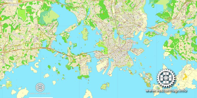 Helsinki, Finland, printable vector street City Plan map V.2, full editable, Adobe Illustrator