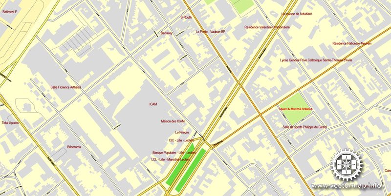 Vector Map Lille, France, printable vector street City Plan map V.2, full editable, Adobe Illustrator, full vector, scalable, editable, text format street names, 25,6 mb ZIP