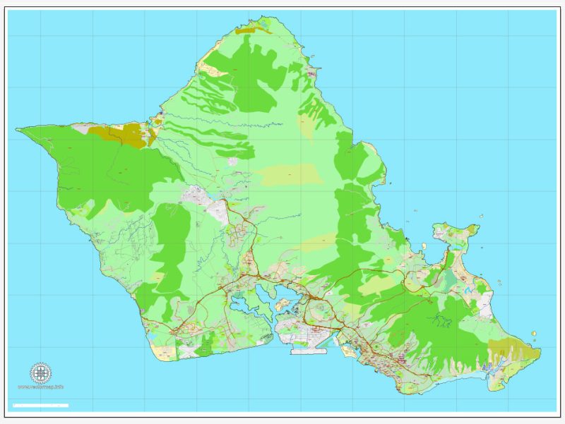 Vector Map Honolulu, Oahu, Hawaii, printable vector street map, City Plan full editable, Adobe Illustrator, Royalty free, full vector, scalable, editable, text format street names, 6,6 mb ZIP