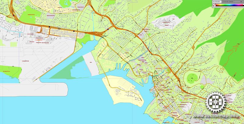 Vector Map Honolulu, Oahu, Hawaii, printable vector street map, City Plan full editable, Adobe Illustrator, Royalty free, full vector, scalable, editable, text format street names, 6,6 mb ZIP