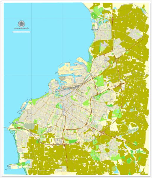 Malmo / Malmö, Sweden, exact printable vector street map, City Plan ...