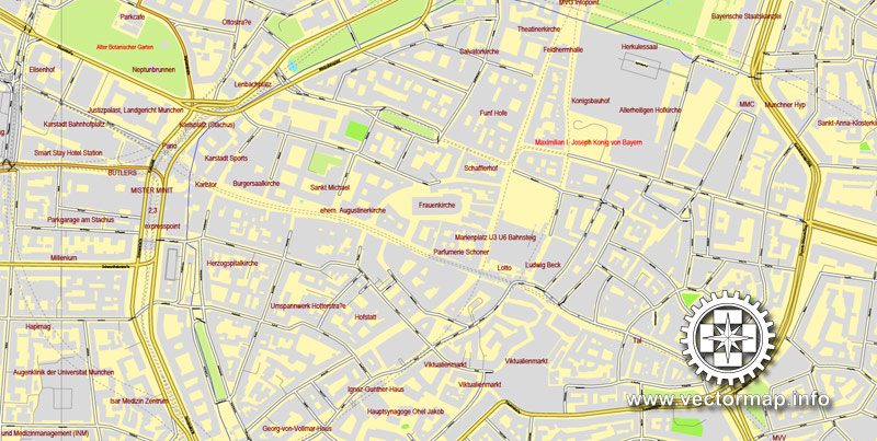 PDF Map Munich / München, Germany, printable vector street map, City Plan V.2, full editable, Adobe PDF, Royalty free, full vector, scalable, editable, text format street names, 53 mb ZIP