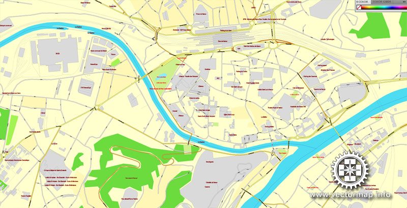 Vector Map Namur, Belgium, printable vector street map, City Plan, full editable, Adobe Illustrator, Royalty free, full vector, scalable, editable, text format street names, 3,6 mb ZIP All streets, some more buildings.
