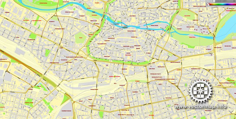 Vector Map Nuremberg, Germany, printable vector street map, City Plan V.3 full editable, Adobe Illustrator, Royalty free, full vector, scalable, editable, text format street names, 26,5 mb ZIP All streets, All buildings.