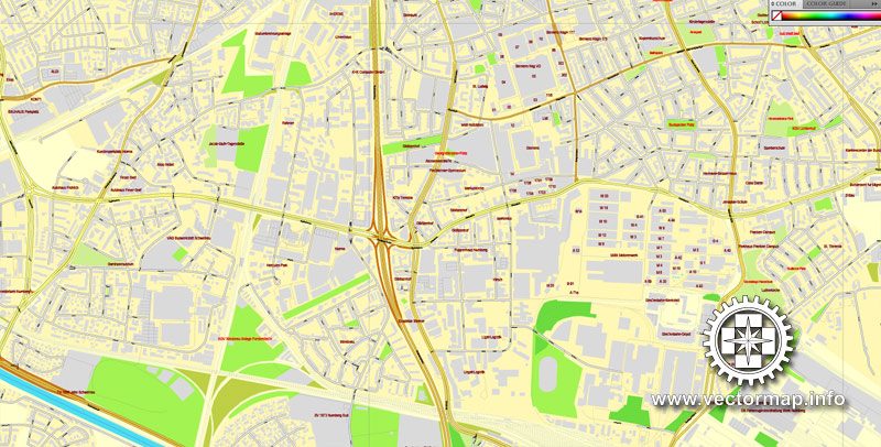 Vector Map Nuremberg, Germany, printable vector street map, City Plan V.3 full editable, Adobe Illustrator, Royalty free, full vector, scalable, editable, text format street names, 26,5 mb ZIP All streets, All buildings.