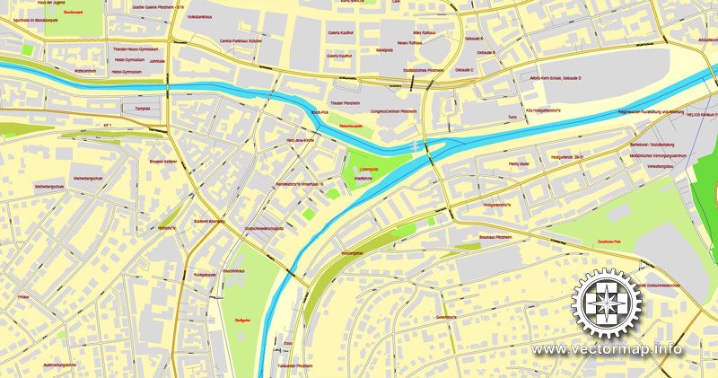 Vector Map Pforzheim, Germany, printable vector street map, City Plan full editable, Adobe Illustrator, Royalty free, full vector, scalable, editable, text format street names, 7,6 mb ZIP All streets, Some more buildings.