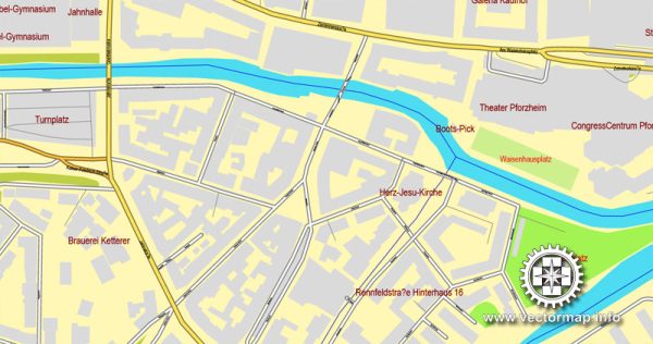 Pforzheim, Germany, printable vector street map, Exact City Plan full