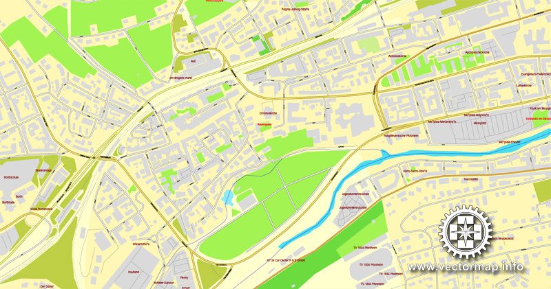 Vector Map Pforzheim, Germany, printable vector street map, City Plan full editable, Adobe Illustrator, Royalty free, full vector, scalable, editable, text format street names, 7,6 mb ZIP All streets, Some more buildings.