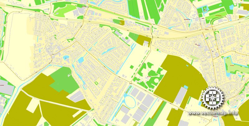 Vector Map Rotterdam, Netherlands, printable vector street map, City Plan V.2 in 4 parts full editable, Adobe Illustrator, Royalty free, full vector, scalable, editable, text format street names, 48,9 mb ZIP