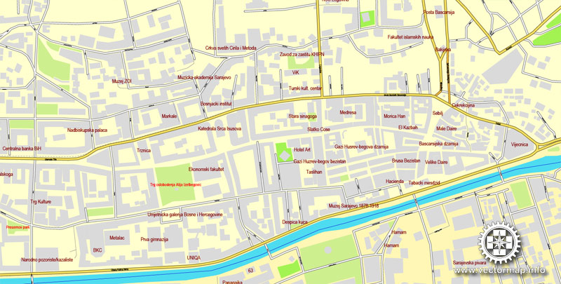 Sarajevo, Bosnia and Herzegovina, printable vector street map, City Plan, full editable, Adobe Illustrator, Royalty free, full vector, scalable, editable, text format street names, 4,1 mb ZIP All streets, some more buildings.