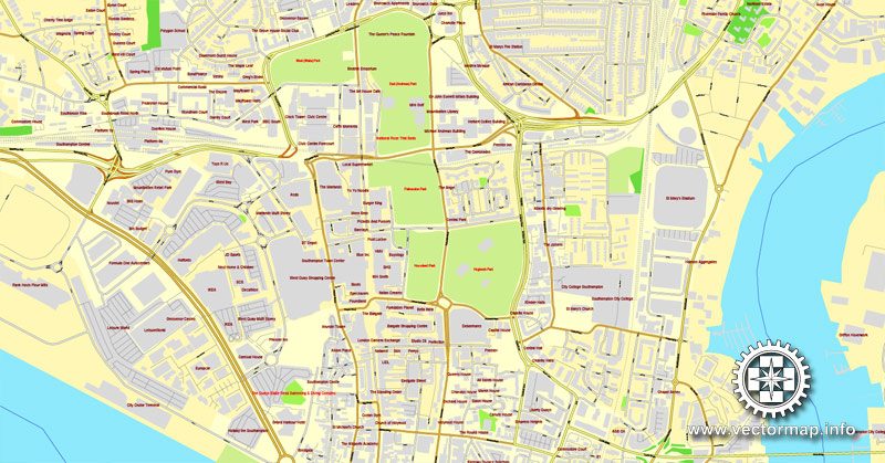 Vector Map Southampton, Englang, printable vector street map, City Plan V.2, full editable, Adobe Illustrator, Royalty free, full vector, scalable, editable, text format street names, 12,5 mb ZIP
