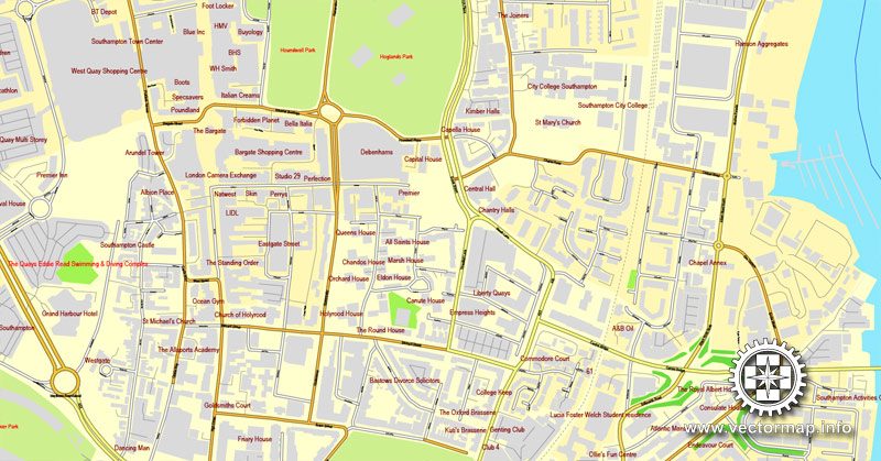 Vector Map Southampton, Englang, printable vector street map, City Plan V.2, full editable, Adobe Illustrator, Royalty free, full vector, scalable, editable, text format street names, 12,5 mb ZIP